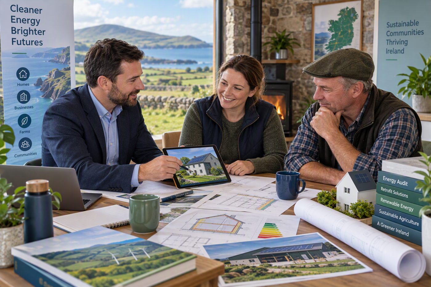 A consultant reviews a home energy upgrade on a tablet with a homeowner and a farmer, with BER drawings on the table